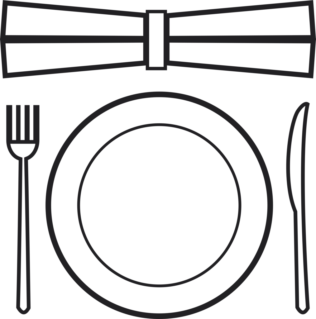 Dessin représentant une assiette, un couteau, une fourchette et une serviette de table.  Il illustre un article  de conseils pour une bonne digestion, écrit par Maud Guillemet Naturopathe à Besançon.