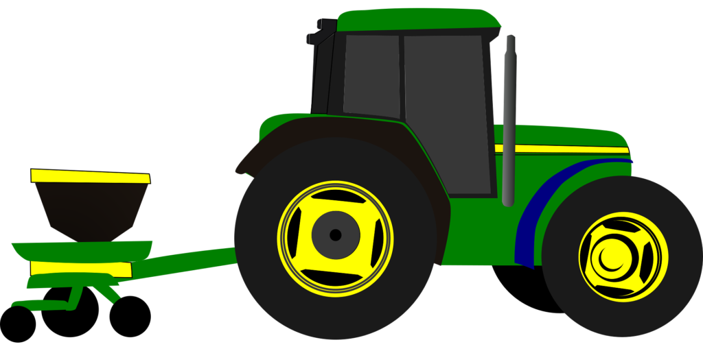Dessin d'un tracteur vert et de sa remorque d'engrais. Dans un article de Maud Guillemet naturopathe à Besançon, cette image illustre la cause de la contamination au cadmium des sols français.