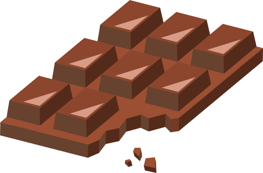 Dessin d'une tablette de chocolat en partie croquée, pour illustrer un article de Maud Guillemet (naturopathe sur Besançon), sur le cadmium. 
