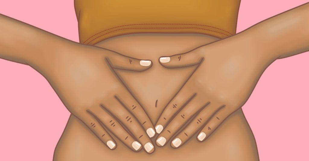 Dessin représentant un ventre en bonne santé et deux mains posées délicatement dessus.  Il illustre un article  de conseils pour une bonne digestion, écrit par Maud Guillemet Naturopathe à Besançon.