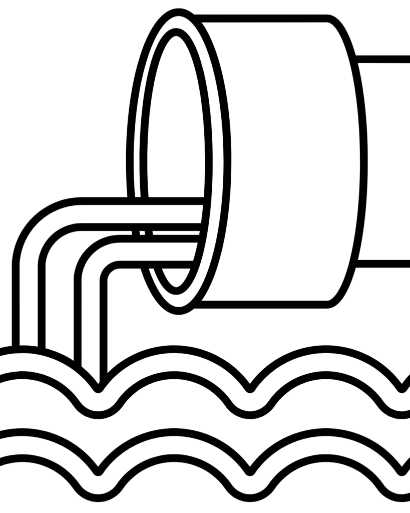 Dessin de l'embouchure d'un tuyau déversant son contenu liquide. Cette image illustre la vidange de l'intestin grêle vers le côlon, c'est à dire le Complex Migrant Moteur ou CMM. 
