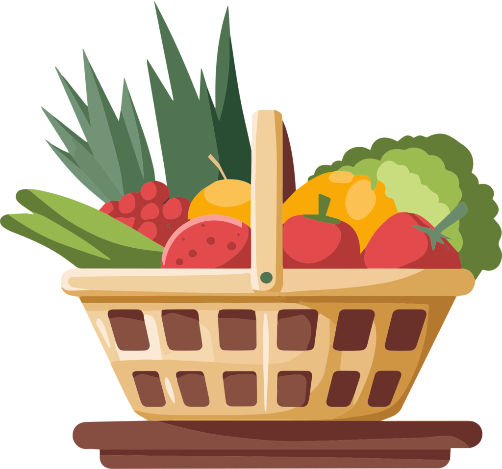 Dessin d'un panier de fruits et légumes. Cette image illustre l'importance de favoriser ces derniers plutôt que les féculents, tout en prenant en compte la question des FODMAP.