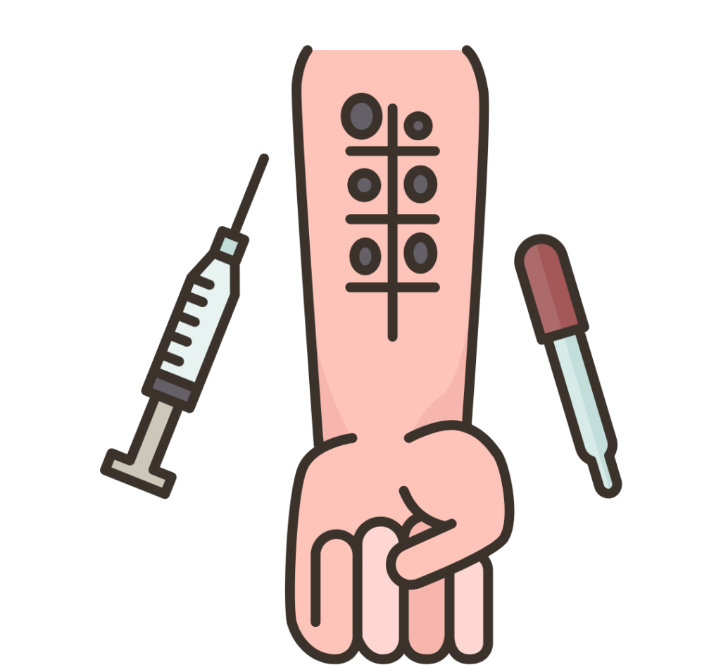 Dessin d'un avant bras présentant des traces de tests allergique, à sa gauche une seringue, à sa droite une pipette. Il permet de visualiser le test cutané pour l'allergie au blé. Dessin d'un point d’exclamation dans un triangle gris, lui même dans un cercle gris. Il illustre un point d'attention particulier, d'un article sur l’alimentation sans gluten, rédigé par Maud Guillemet, naturopathe à Besançon.