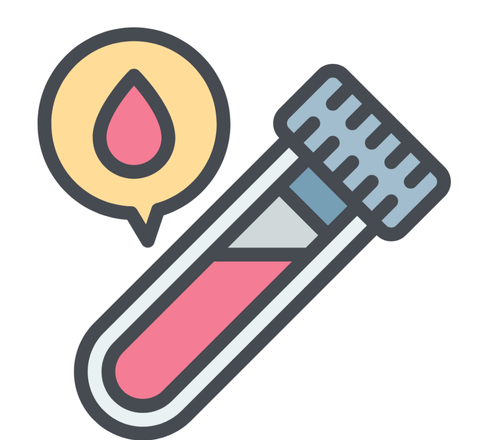 Dessin d'une goutte et d'un tube de sang pour symboliser le bilan sanguin pour la maladie cœliaque. Dessin d'un point d’exclamation dans un triangle gris, lui même dans un cercle gris. Il illustre un point d'attention particulier, d'un article sur l’alimentation sans gluten, rédigé par Maud Guillemet, naturopathe à Besançon.