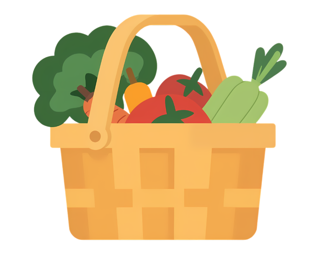 Dessin d'un panier de légumes illustrant la meilleur alternative au gluten, dans un article de Maud Guillemet, naturopthe à Besançon.