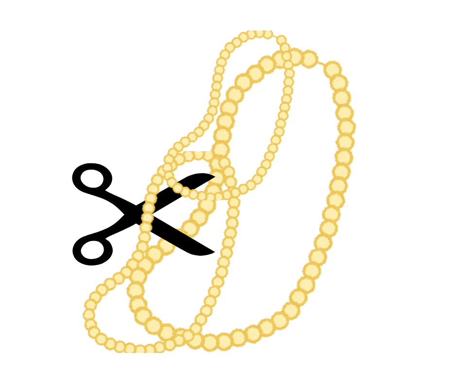 Dessin d'une paire de ciseaux noire découpant un collier de perle pour expliquer l'hydrolyse enzymatique des protéines. Ce symbole illustre un article sur l’alimentation sans gluten, rédigé par Maud Guillemet, naturopathe à Besançon.
