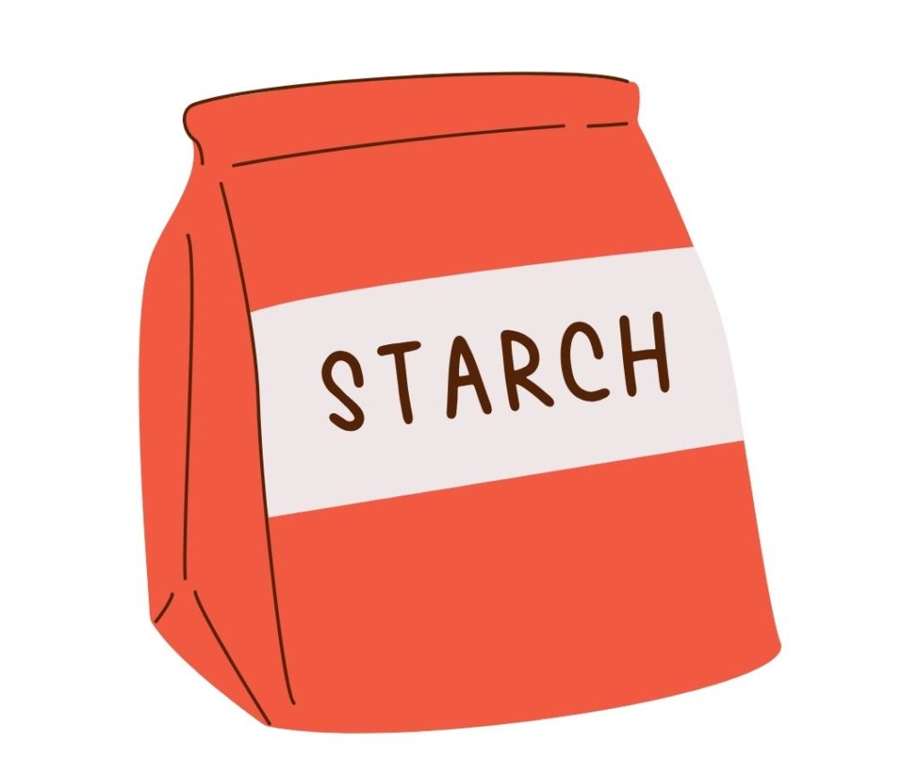 Dessin d'un sachet de fécule qui illustre un paragraphe sur les dangers de son utilisation importante dans l'alimentation sans gluten.