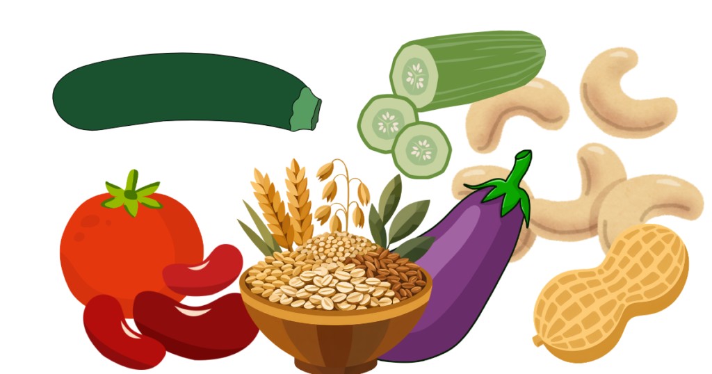Dessin de différents végétaux contenant des concentrations importantes en lectines (tomate, courgette, cacahuette, aubergine, céréales complètes, haricots rouges, etc.), pour illustrer un article sur les lectines, écrit par Maud Guillemet, naturopathe à Besançon.