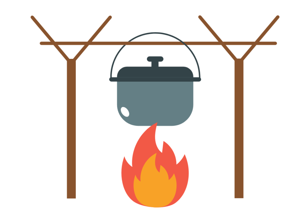 Dessin d'une marmite suspendue au dessus d'un feu, pour illustrer les méthodes efficaces pour se prémunir des anti-nutriments, dans un article sur les lectines, écrit par Maud Guillemet, naturopathe à Besançon.