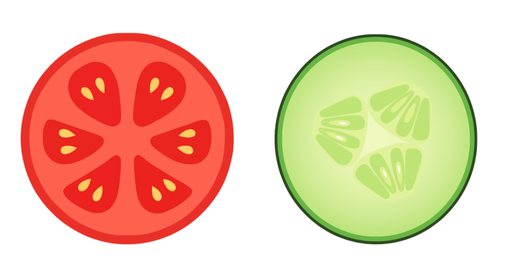 Dessin d'une tranche de tomate et d'une rondelle de concombre, pour illustrer un article sur les lectines, écrit par Maud Guillemet, naturopathe à Besançon.