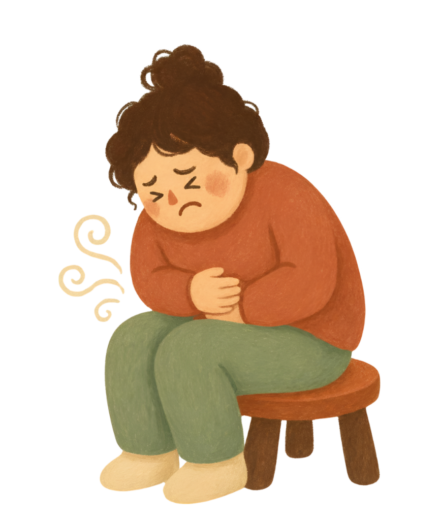 Dessin d'une femme, assise sur une chaise et ressentant des douleurs abdominales. Il illustre un article sur le Syndrome de l'Intestin Irritable, rédigé par Maud Guillemet, Naturopathe à Besançon