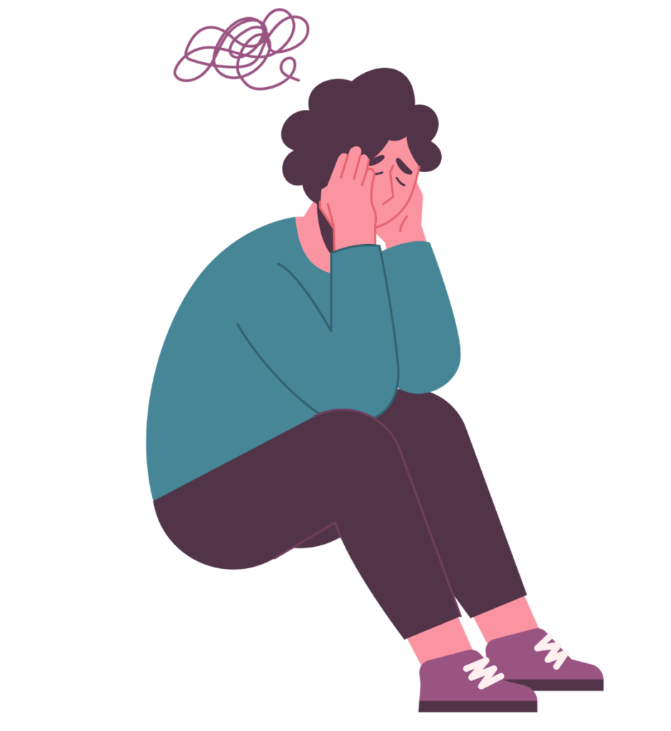 Dessin d'un personnage assis se tenant la tête dans les mains, pour appuyer des propos sur le rôle du stress dans les troubles digestifs.  Il illustre un article sur le Syndrome de l'Intestin Irritable, rédigé par Maud Guillemet, Naturopathe à Besançon