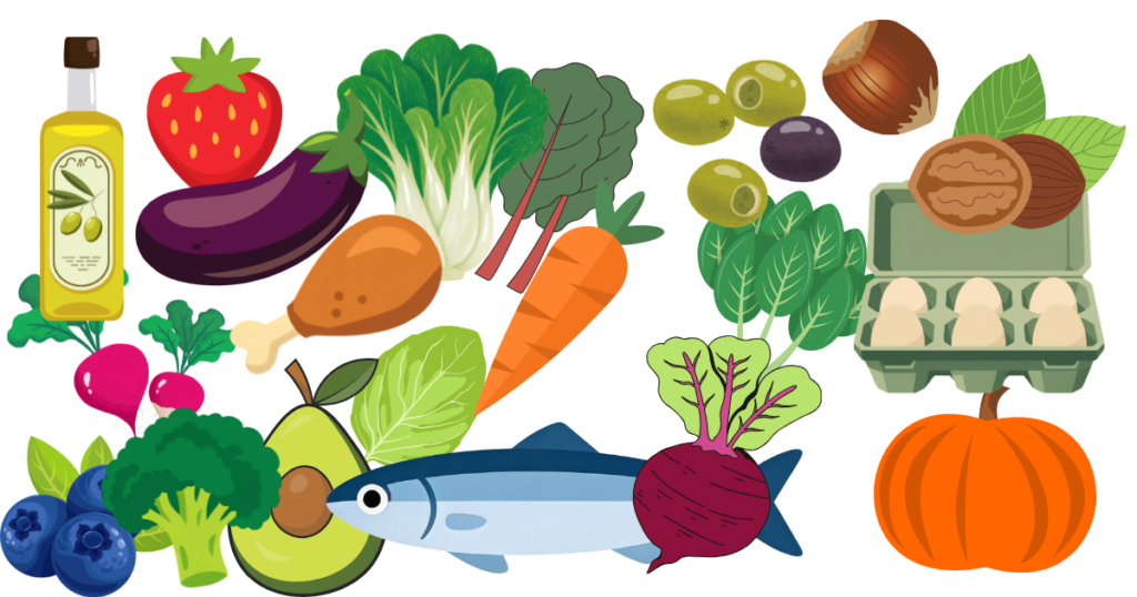 Dessins représentant des légumes, des fruits, des oléagineux, des œufs, du poisson, du poulet, ect., pour symboliser l’alimentation hypotoxique. Il illustre un article sur le Syndrome de l'Intestin Irritable rédigé par Maud Guillemet, Naturopathe à Besançon.