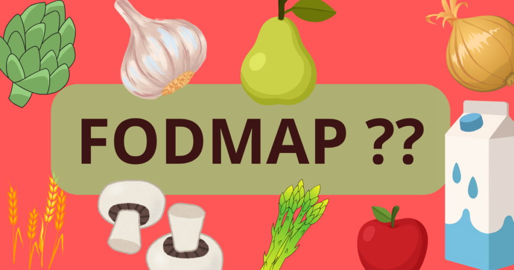 Image colorée du mot FODMAP, de deux points d'interrogation et d'aliments riches en FODMAP. Il illustre un article sur le Syndrome de l'Intestin Irritable rédigé par Maud Guillemet, Naturopathe à Besançon.