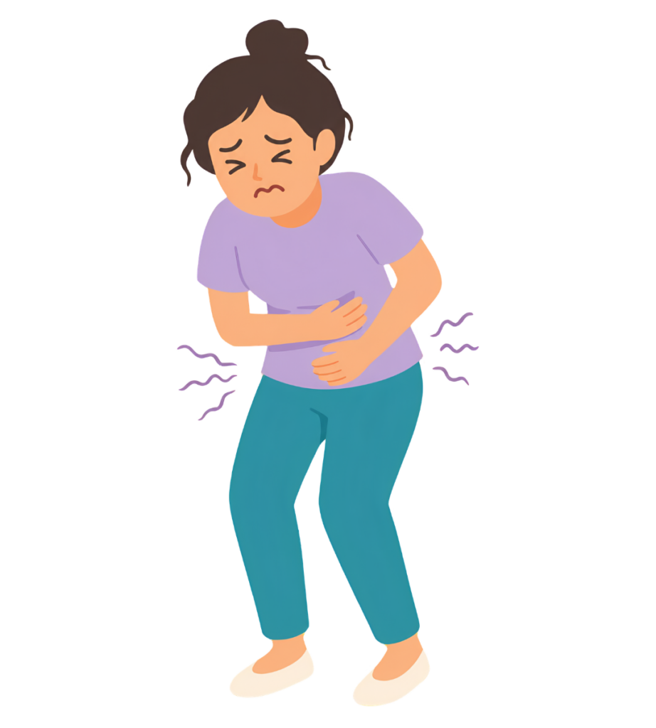 Dessin d'une femme ressentant des douleurs abdominales. Il illustre un article sur le Syndrome de l'Intestin Irritable, rédigé par Maud Guillemet, Naturopathe à Besançon.