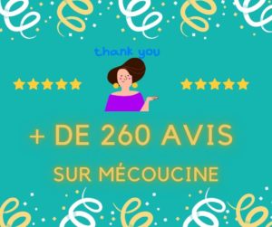 Image sur fond bleu illustrant les plus de 260 avis positifs reçu par Maud Guillemet sur Médoucine. En haut de l'image, une femme fait un geste de remerciement.